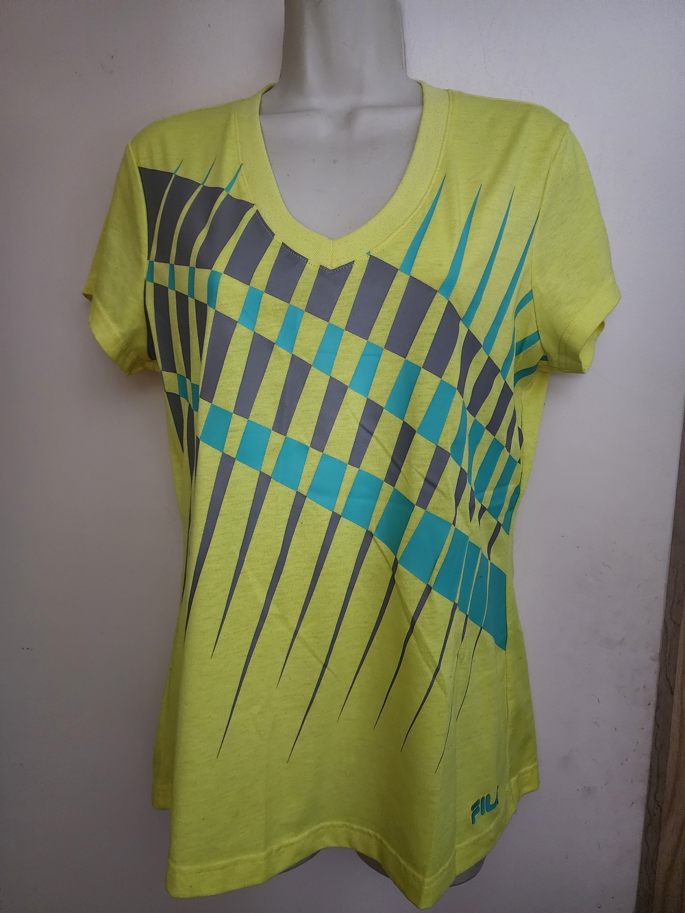 FILA Lime Green V-Neck Tee with Teal and Gray L Graphic